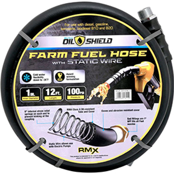 OilShield 1in x 12ft Rubber Farm Fuel Transfer Hose with Static Wire OSFHONE12