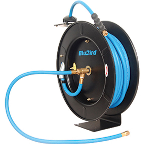 BluBird 3/8 in x 50 ft Rubber Air Hose Reel Single Arm w/ 3 ft Lead-In Hose BBR3850