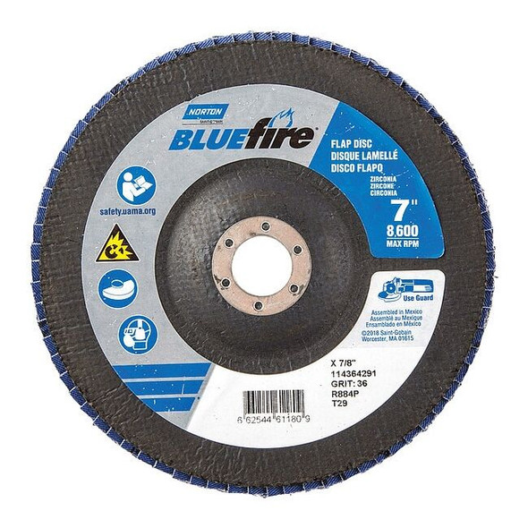 Norton Abrasives Fiber Disc,7 in Dia,7/8in Arbor,P36 Grit 66254461180
