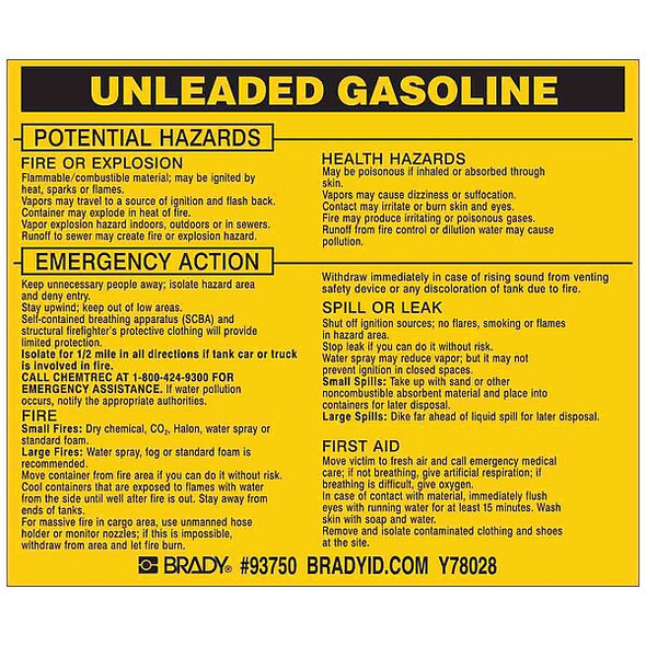 Brady Chemical Label, 3 3/4 in H, 4 1/2 in W, 93750,PK25 93750