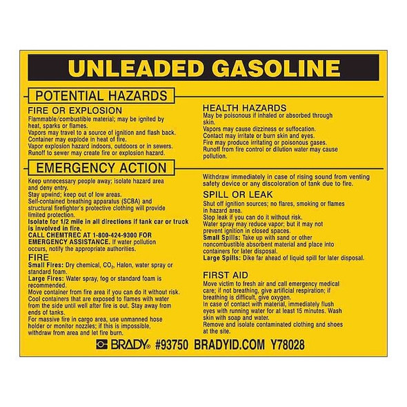 Brady Chemical Label, 3 3/4 in H, 4 1/2 in W, 93750,PK25 93750