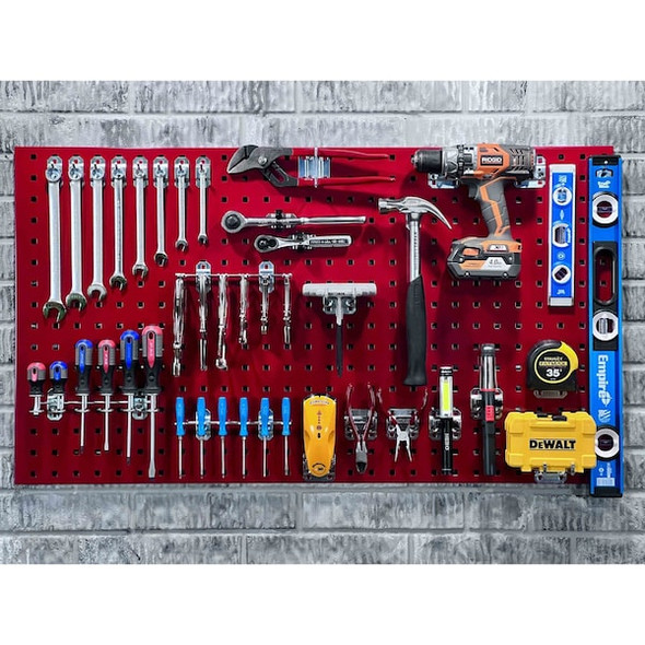 30 pc LocHook Assortment & Hanging Bin System W/ (2) 18" W x 36" H Red Steel Square Hole Pegboards