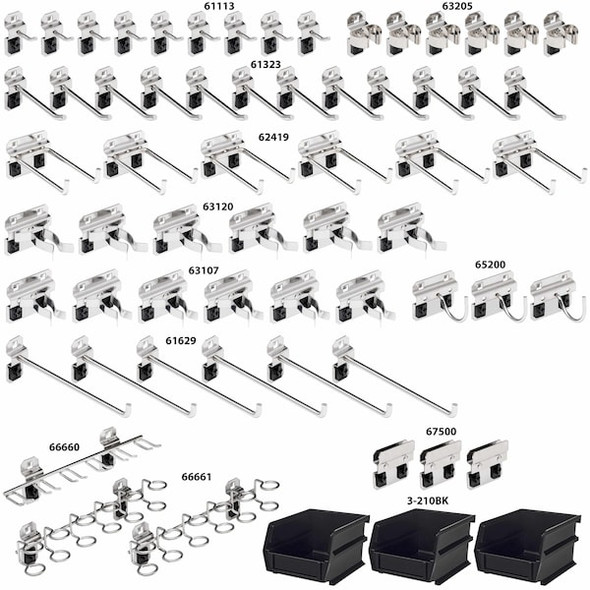 63 Pc Stainless Steel Hook & Bin Assortment for Stainless Steel LocBoard, 60 Asst Hooks & 3 Bins