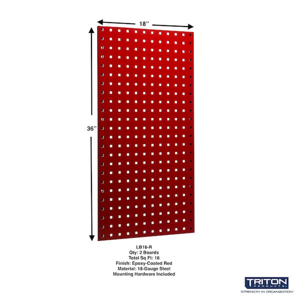 (2) Square Hole Pegboards W/ Mounting Hardware, Epoxy Coated 18-Gauge Steel, Red, 18" W x 36" H