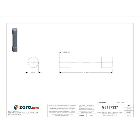 Eaton Bussmann Glass Fuse, 3.50A, 10kA at 125V AC, 200A at 250V AC, 5 PK AGC-3-1/2-R