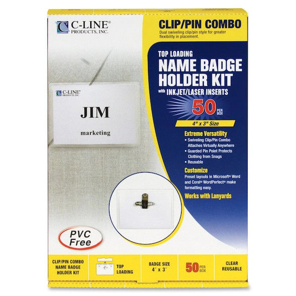 C-Line Products Name Badge, Pin/Clip, Badge, PK50 95743