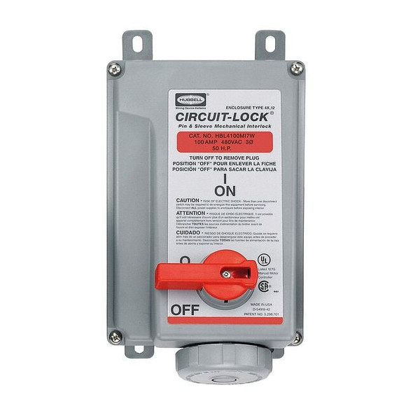 Hubbell Wiring Device-Kellems WTMchIntrlkDvc,3P4W,100 A,480V AC,50hp HBL4100MI7W