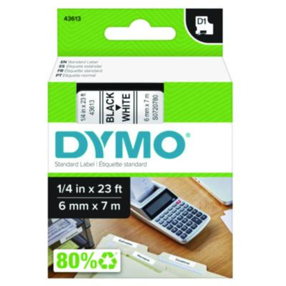 DYMO® TAPE,CARTRIDGE,1/4,BK/WHT 43613/S0720780