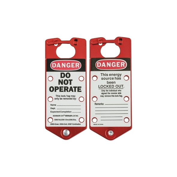 Labeled Lockout Hasps, 0.3125 in Dia Shackle, 3w x 0.157d x 7.512h, Red