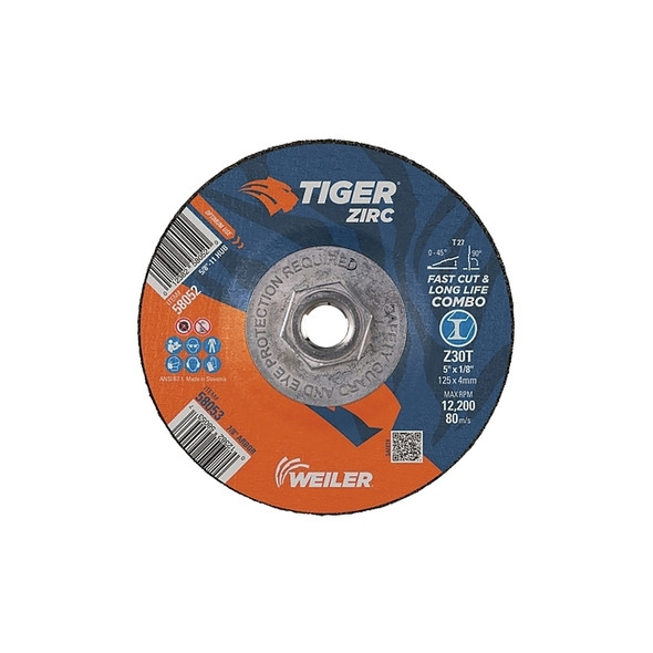 Tiger® Zirc Type 27 Cut/Grind Combo Wheel, 6 in dia x 1/8 in Thick, 5/8 in-11 dia Arbor, Z30T Pack of 10