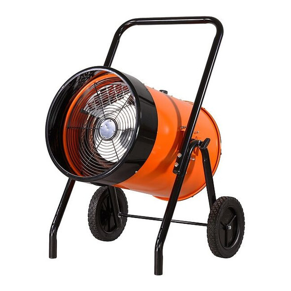 Portable Heater, 480V AC, 3 Phase, 51180 BtuH, 15kW, Wheel Mounted, Black/Orange