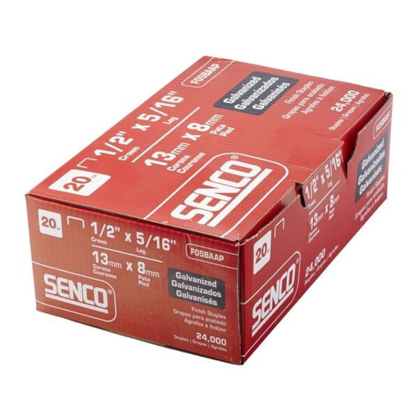 Senco Staples, 20 ga, Standard Crown, 5-16 in Leg L, Steel, 24000 PK F05BAAP