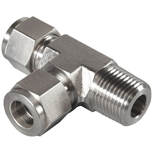 Brennan Industries Tee, SS, Comp 1/4", Comp 1/4", MNPT 1/4" N2605-04-04-04-SS