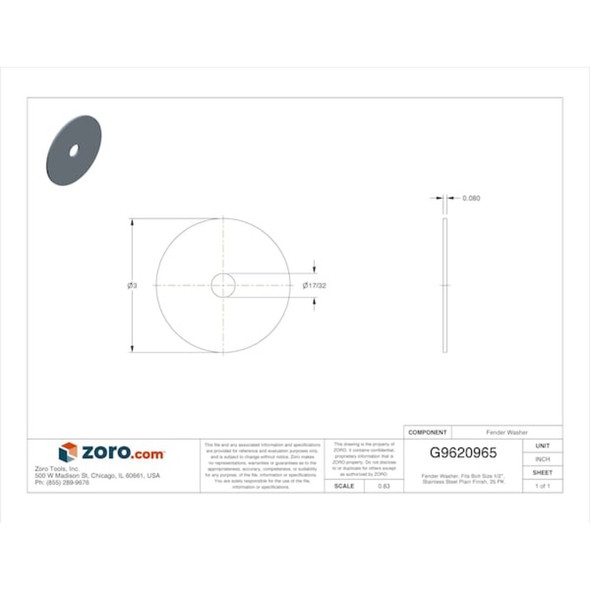 Fender Washer, For Screw Size 1-2" ,Stainless Steel Plain Finish, 25 PK  U55530.050.0300