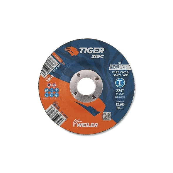 Tiger® Grinding Wheel, 5 in dia x 1/4 in Thick x 7/8 in Arbor, 24 Grit, Zirconia Alumina/Ceramic, Type 27, 10 EA/PK Pack of 10