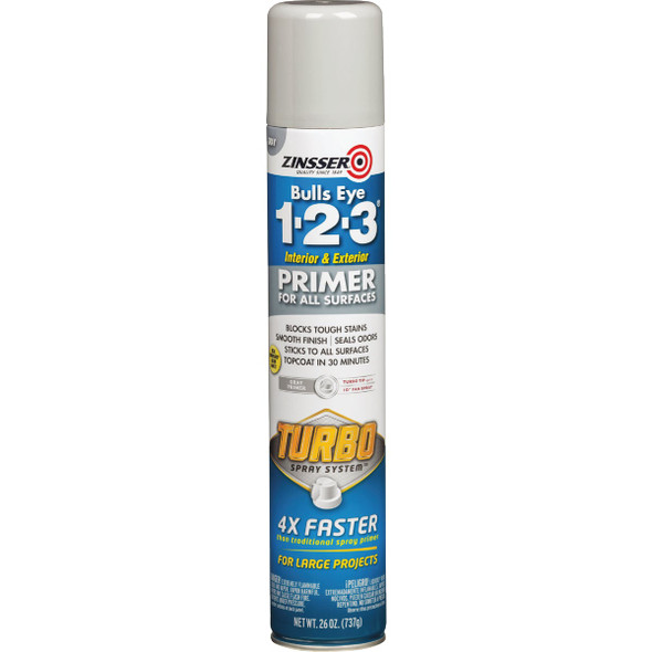 Zinsser 26 Oz. Bulls Eye 1-2-3 Primer Spray with Turbo Spray System, Flat Gray