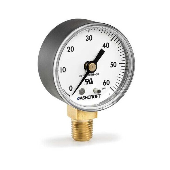 Pressure Gauge, 2 in Dial, 1/4 in MNPT, Bottom Location, ABS Case Material