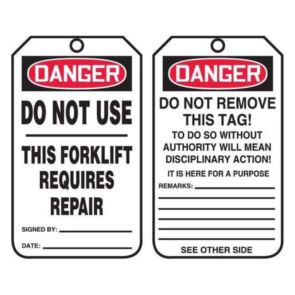 Tag, Forklift, Plastic, 5 3/4 in H x 3 1/4 in W, Rectangle, 25 PK