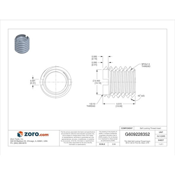 Thin Wall Self Locking Thread Insert, M10-1.50 Int Thrd Sz, Steel, 5 PK
