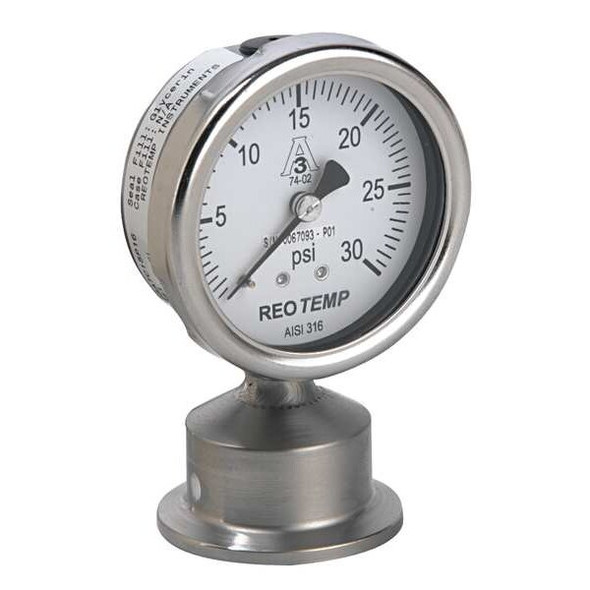 Pressure Gauge, 0 to 200 psi, 2 1/2 in Dial, 1 1/2 in Tri-Clamp, Bottom Location
