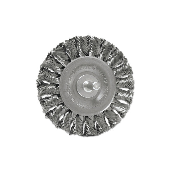 Standard Twist Knot Wire Wheel, 3-1/4 in dia x 3/8 in W Face, 0.014 in Stainless Steel Wire, 25000 RPM, 1/4 in Stem