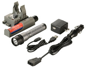 Strion LED Rechargeable Flashlight with 120V AC/12V DC PiggyBack Charger, Gray 74365