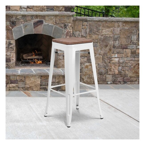 30" White Metal Barstool, Seat Material: Wood