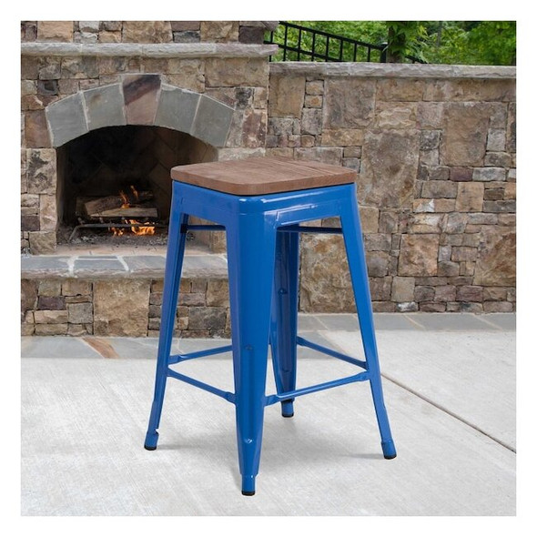 Metal Counter Stool, 24", Blue, Seat Material: Wood