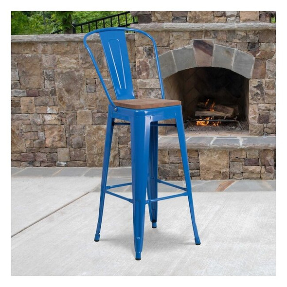 Metal Barstool, 30", Blue, Seat Material: Wood