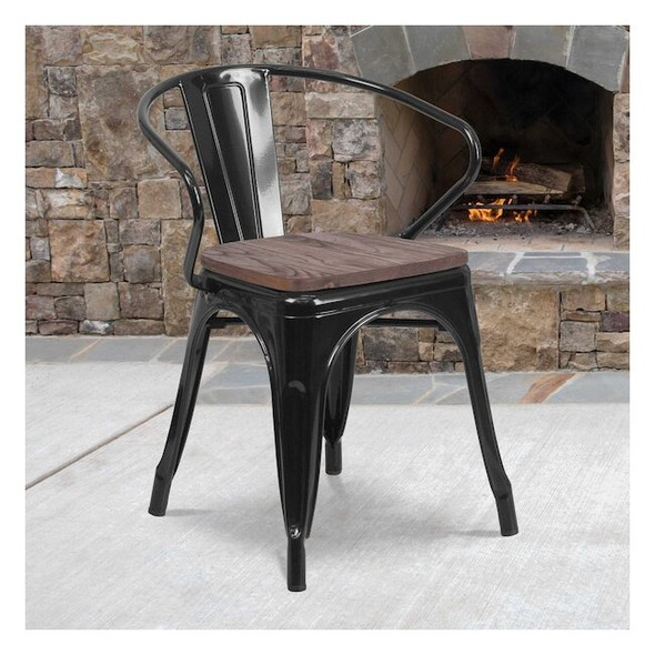 Flash Furniture Metal Chair,Black with Arms,Wood Seat CH-31270-BK-WD-GG