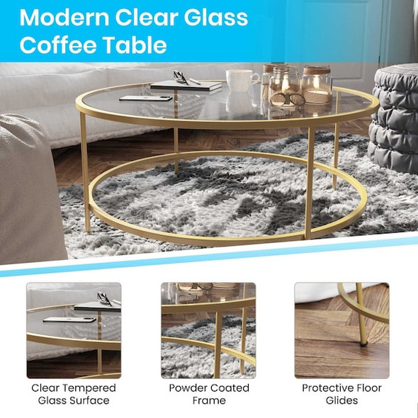 Astoria Collection Round Coffee Table - Modern Clear Glass Coffee Table with Brushed Gold Frame