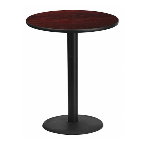 Round Mahogany Laminate Table w/Rnd Base,36", Laminate Top, Wood Grain