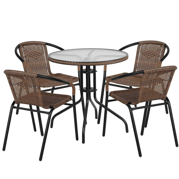 Flash Furniture Table Set,Rnd w/4 Rattan Chairs,Brn,28" TLH-087RD-037BN4-GG