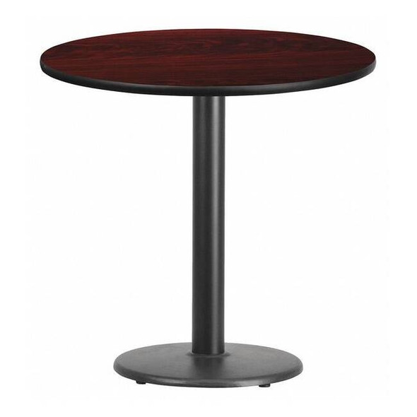 Round Mahogany Laminate Table w/Rnd Base,30", Laminate Top, Wood Grain