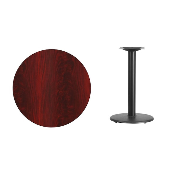 Round Mahogany Laminate Table w/Rnd Base,30", Laminate Top, Wood Grain