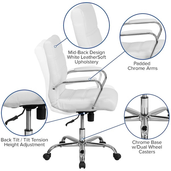 Contemporary Chair White Mid-Back Exec Chair, Fixed Arms, 18-1/4" to 22-1/4" Height