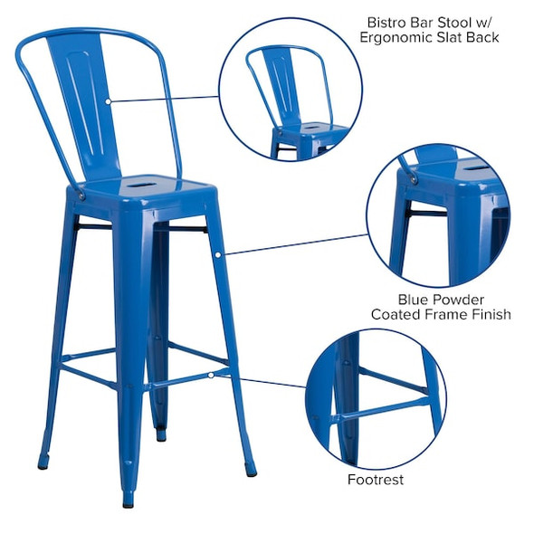 Flash Furniture 4 " High Blue Metal Indoor-Outdoor Barstool, PK4 4-CH-31320-30GB-BL-GG