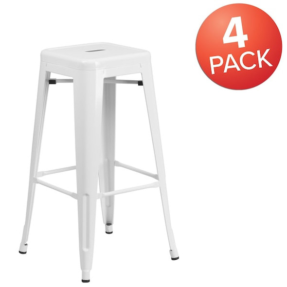 Flash Furniture 4PK 30"H No Back White Metal Barstool Square Seat 4-CH-31320-30-WH-GG