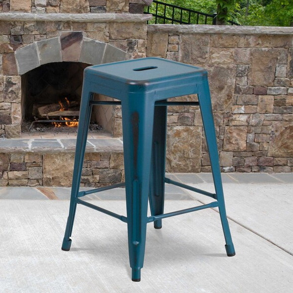 4PK 24"H Backless Blue Metal Counter Height Stool