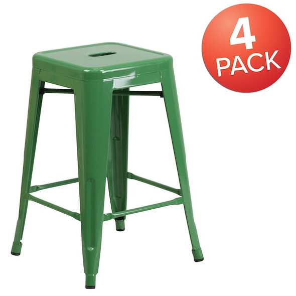 Flash Furniture Green Backless Metal Stool,24",PK4 4-CH-31320-24-GN-GG Flash Furniture Green Backless Metal Stool,24",PK4 4-CH-31320-24-GN-GG