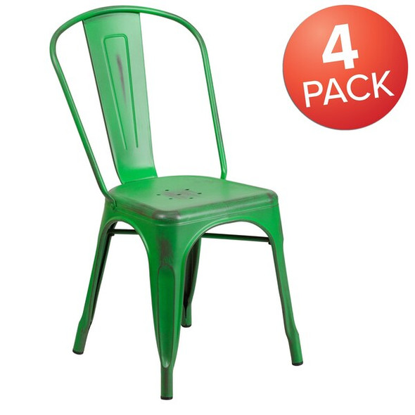 Flash Furniture Distressed Green Metal Indoor-Outdoor Stackable Chair,PK4 4-ET-3534-GN-GG