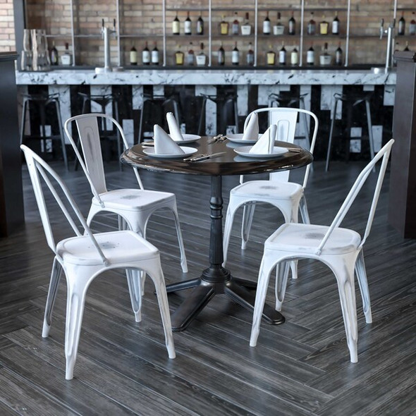 Distressed White Metal Indoor-Outdoor Stackable Chair,PK4