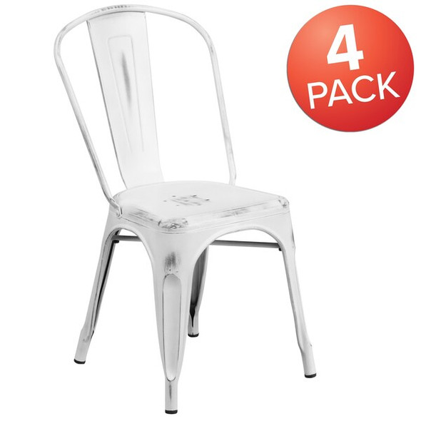 Flash Furniture Distressed White Metal Indoor-Outdoor Stackable Chair,PK4 4-ET-3534-WH-GG