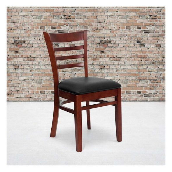 Ladder Back Mahogany Wood Restaurant Chair,Black Vinyl Seat,PK2