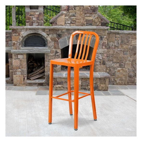 2PK 30" High Orange Metal Barstool with Slat Back