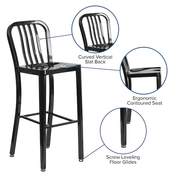Flash Furniture 30" High Black Metal Barstool with Slat Back, PK2 2-CH-61200-30-BK-GG