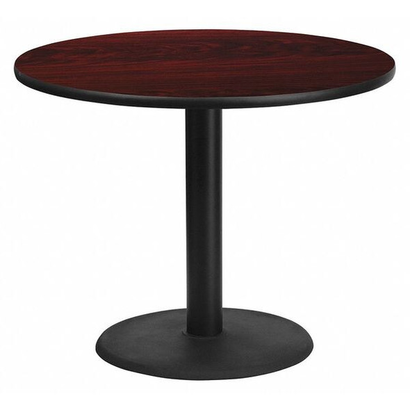 Round Mahogany Laminate Table w/Rnd Base,36", Laminate Top, Wood Grain