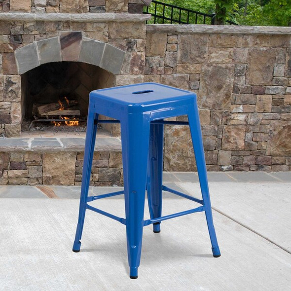 24"H No Back Blue Metal Counter Height Stool, PK4