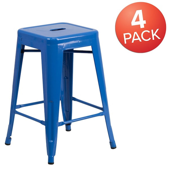 Flash Furniture Blue Backless Metal Stool,24",PK4 4-CH-31320-24-BL-GG