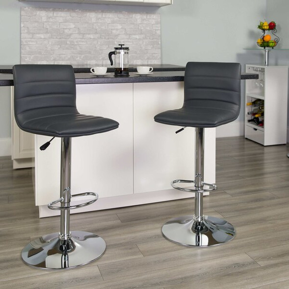 Gray Vinyl Adjust Barstool,Counter Ht Swivel,Chrome Pedestal Base,PK2